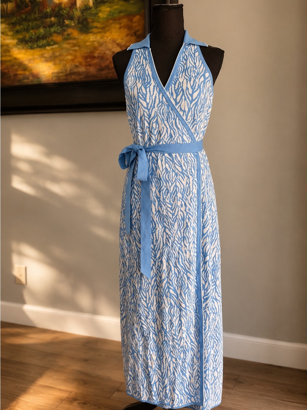 Diane Von Furstenberg Light Blue and White Halter Wrap Maxi Dress Medium